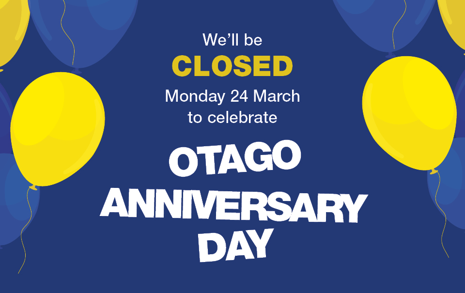 Graphic of a dark blue background with yellow balloons on the right and left side and centre-aligned text saying 'We'll be closed Monday 24 March to celebrate Otago Anniversary Day'